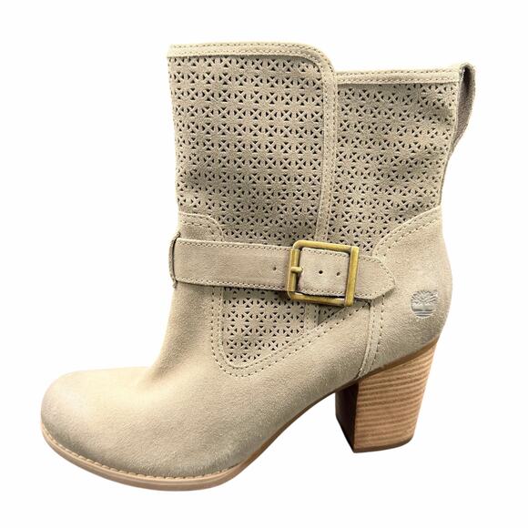 Timberland Savin Hill Mid Beige Suede Perforated Block Heel Boots Women’s 9.5 - Picture 10 of 12